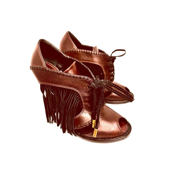 Louis Vuitton Dakota Heels Size 37 Burgundy Bordeaux Leather Fringe Peep Toe - Picture 10 of 14